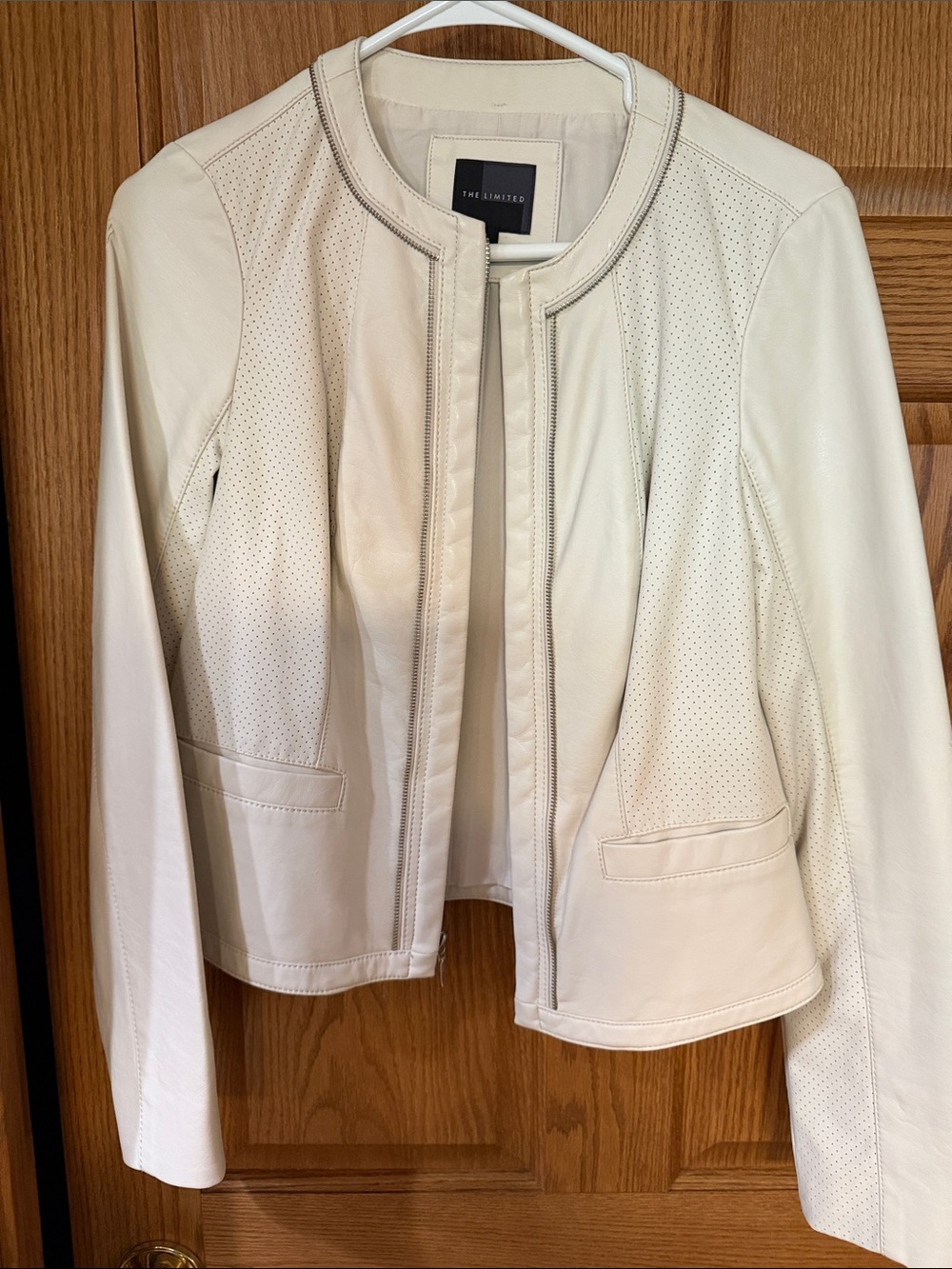 The Limited Cream Perforated Collarless Faux Leather Jacket